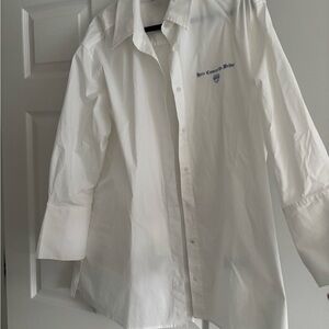 Anthropologie White Dress Shirt with Blue Embroidery